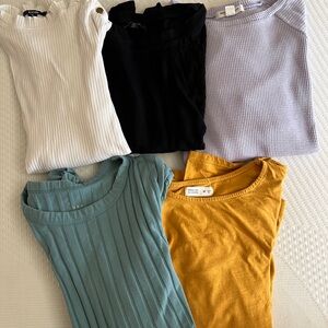 Mixed Ribbed & Tee Tops Bundle — Cream, Black, Lavender, Teal, Mustard